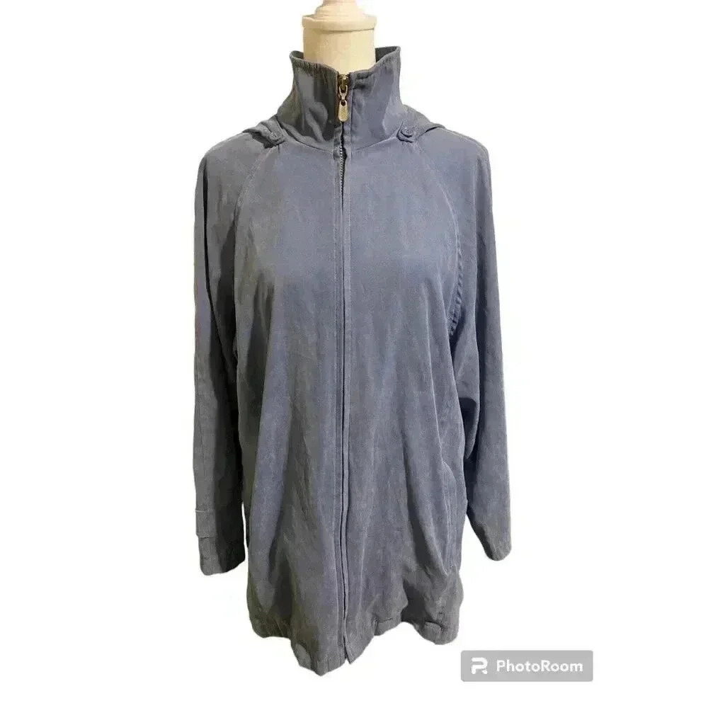 London Fog Women's Petite Medium Hooded Lightweight Jacket Blue Full Zipper